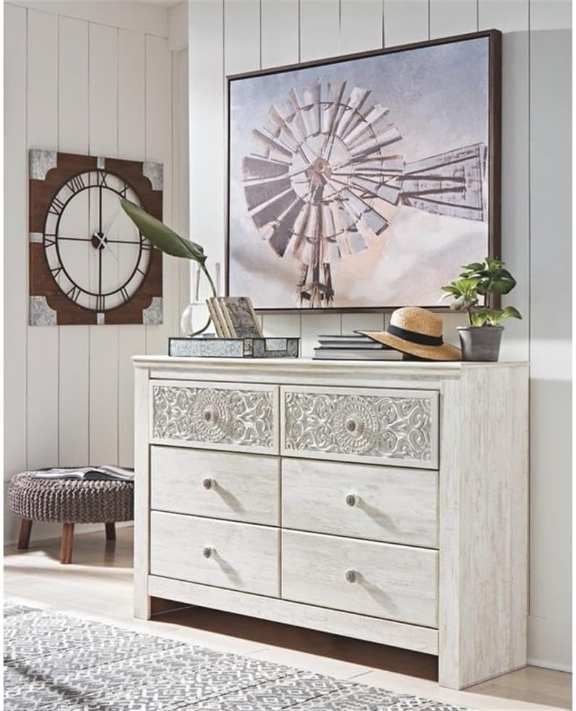 Signature Design by Ashley 6-Drawer Bedroom Dresser, Whitewash, Paxberry | Durable engineered wood and decorative laminate, Arrives pre-assembled for a 5-minute setup, Boho chic whitewash design