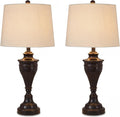 Signature Design by Ashley Table Lamp Set of 2, Dark Bronze | Fabric hardback shade, 28.5 inches tall, Traditional double pillar base, 3-way switch, Living room use, Darlita Series