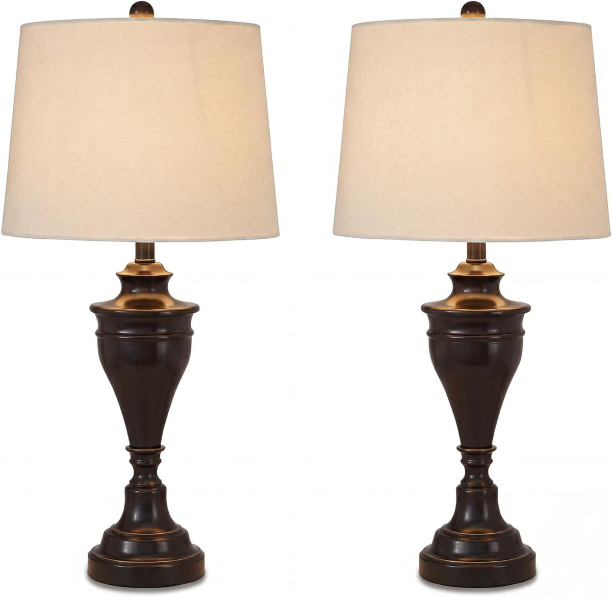 Signature Design by Ashley Table Lamp Set of 2, Dark Bronze | Fabric hardback shade, 28.5 inches tall, Traditional double pillar base, 3-way switch, Living room use, Darlita Series