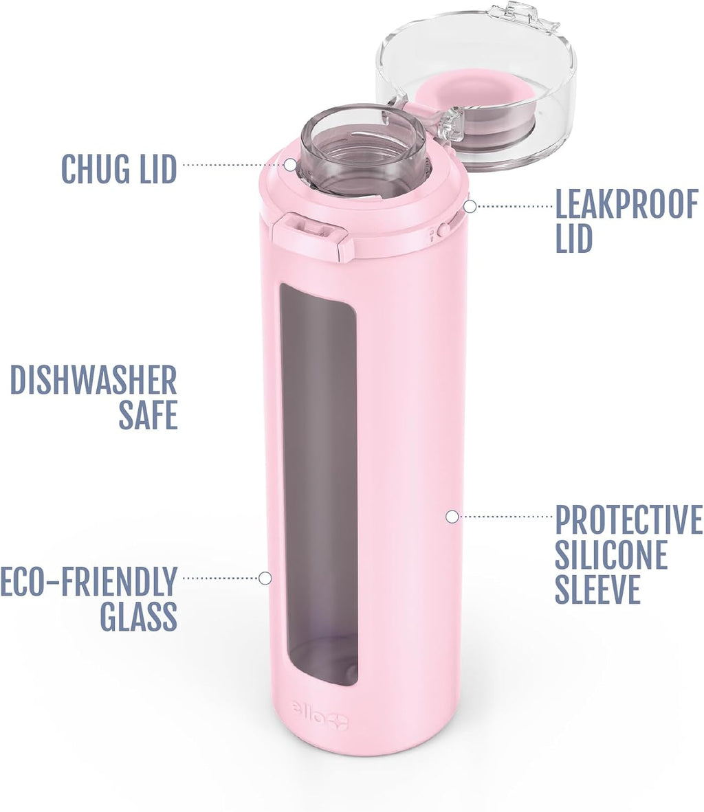Ello Syndicate 20oz Glass Water Bottle with Flip Lid and Sleeve, Cashmere