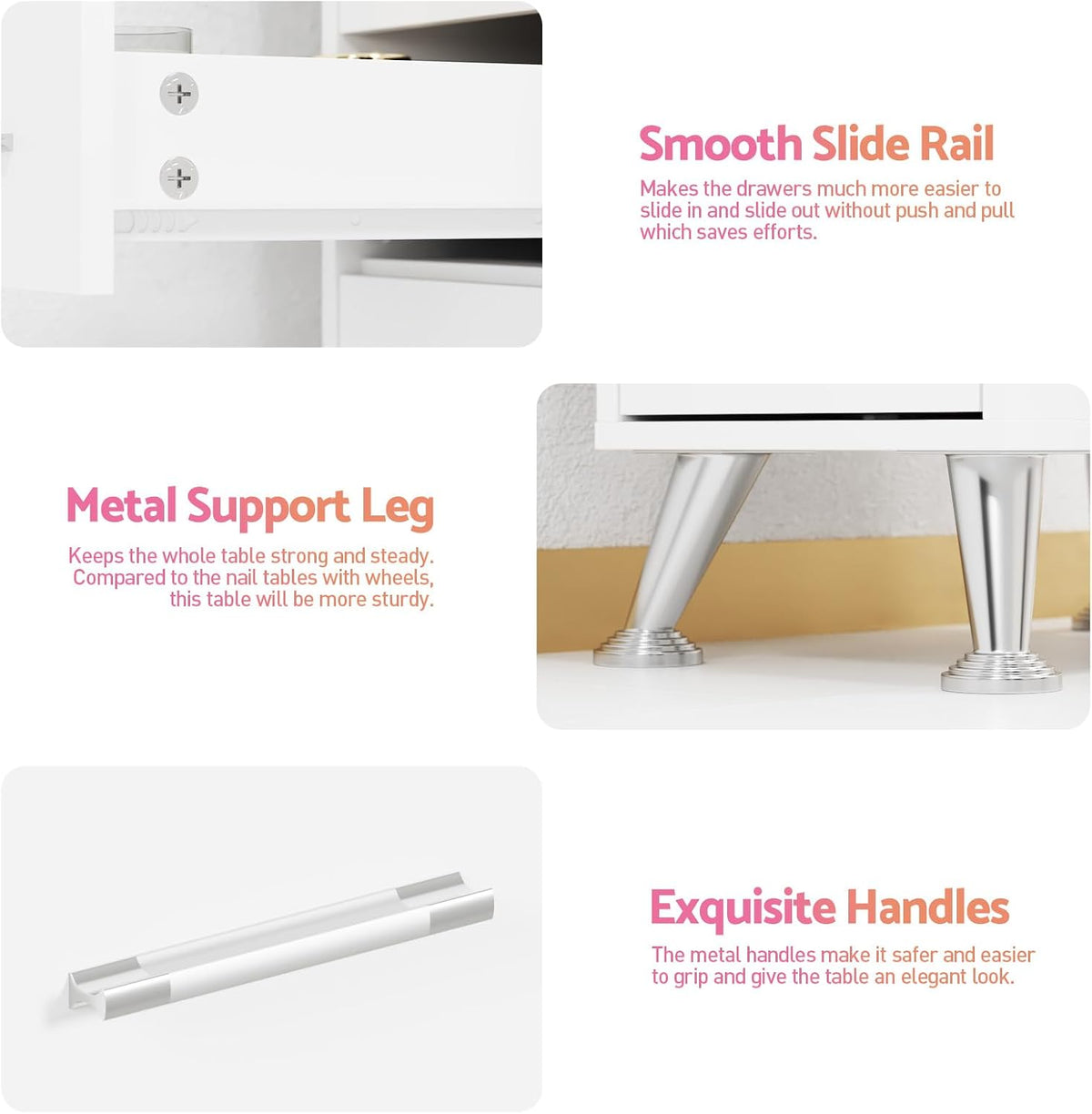 Nail Desk Tech Storage,Professional Manicure Desk Top Pull-Out with Glass Top, Dust Collector, 4 Dust Bags, Storage Drawers & Cabinets,8 Metal Legs Manicure Table