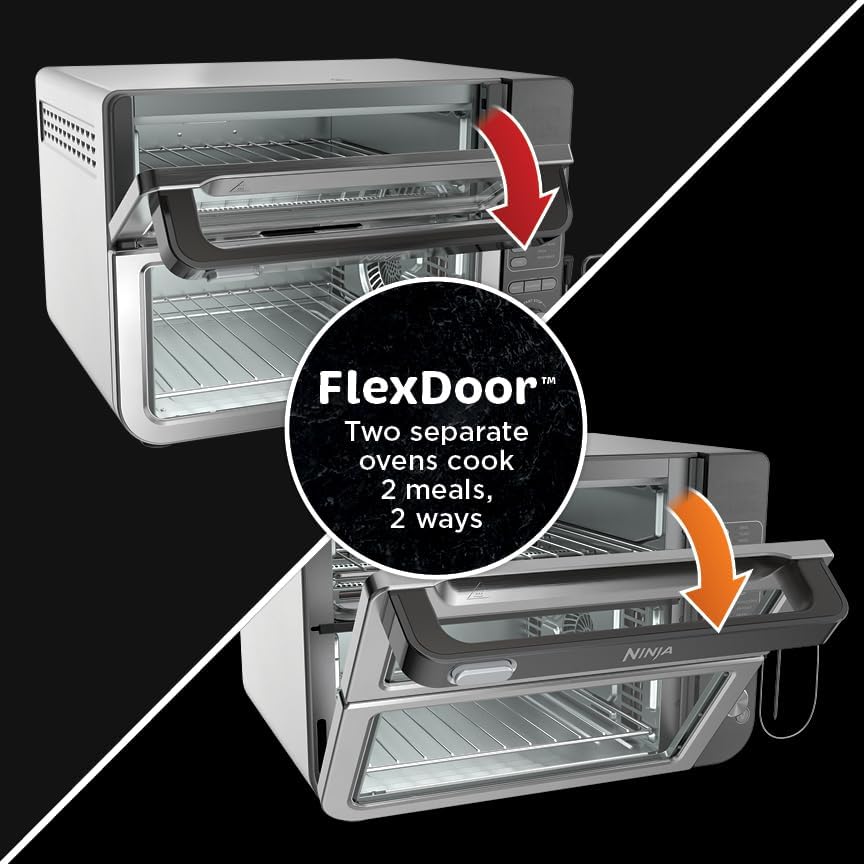 Ninja DCT451 12-in-1 Smart Double Oven with FlexDoor, Thermometer, FlavorSeal, Smart Finish, Rapid Top Convection and Air Fry Bottom , Stainless Steel | Smart Cook thermometer, FlavorSeal, Smart Finish, Air fry, bake, broil, roast, pizza
