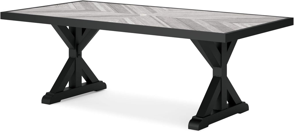Signature Design by Ashley Beachcroft Outdoor Dining Table, Rust-Resistant Farmhouse Design with Porcelain Tabletop and Umbrella Hole, for Patio Entertaining, Black/Light Gray, 84-Inch