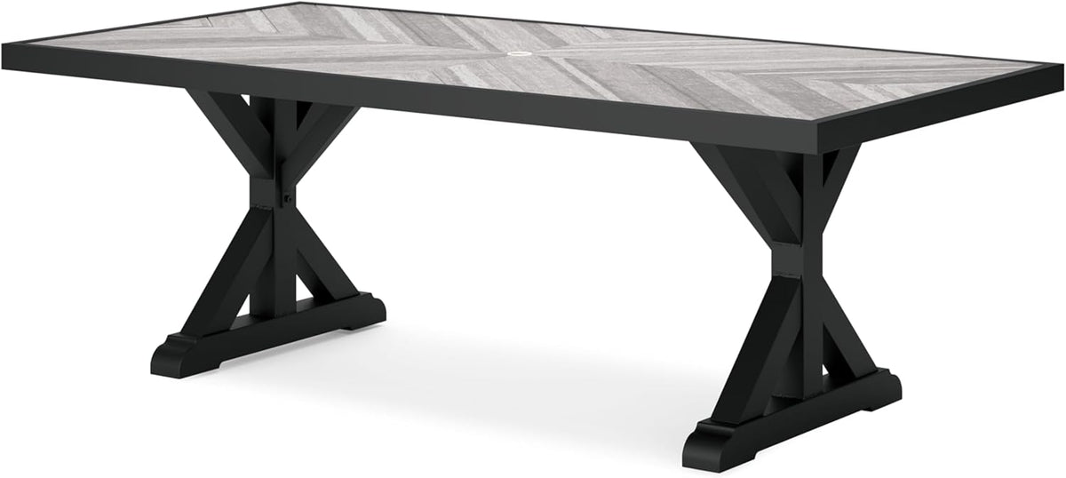 Signature Design by Ashley Beachcroft Outdoor Dining Table, Rust-Resistant Farmhouse Design with Porcelain Tabletop and Umbrella Hole, for Patio Entertaining, Black/Light Gray, 84-Inch