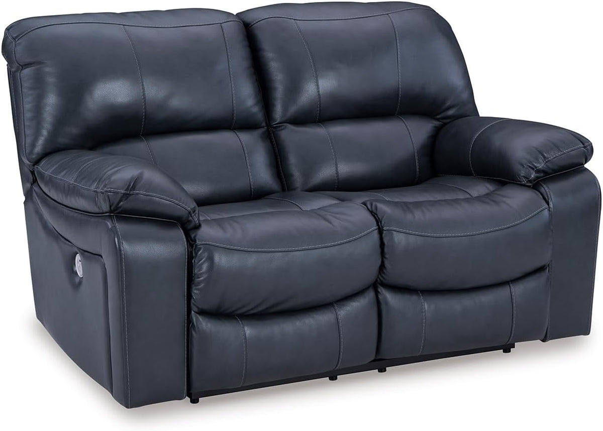 Signature Design by Ashley Leesworth Power Reclining Loveseat, Ocean Blue | Space-saving zero wall design, Top grain leather touchpoints, Built-in zero-draw USB ports, 32 in minimum doorway width