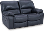 Signature Design by Ashley Leesworth Power Reclining Loveseat, Ocean Blue | Space-saving zero wall design, Top grain leather touchpoints, Built-in zero-draw USB ports, 32 in minimum doorway width