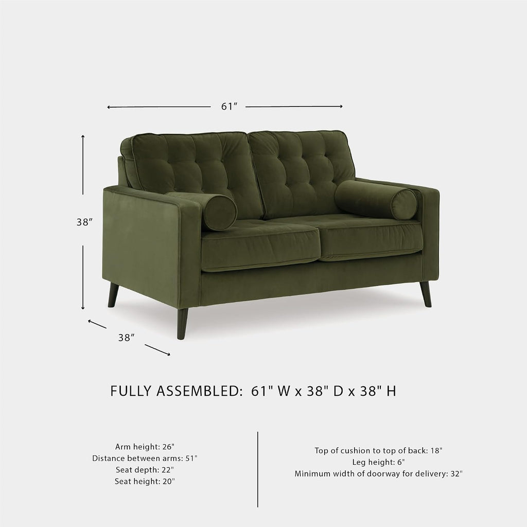 Signature Design by Ashley Loveseat, Olive Green Velvet, Reveon Lakes | Small loveseat for condo spaces, Olive green velvet upholstery, Anti-sag platform foundation, No assembly required