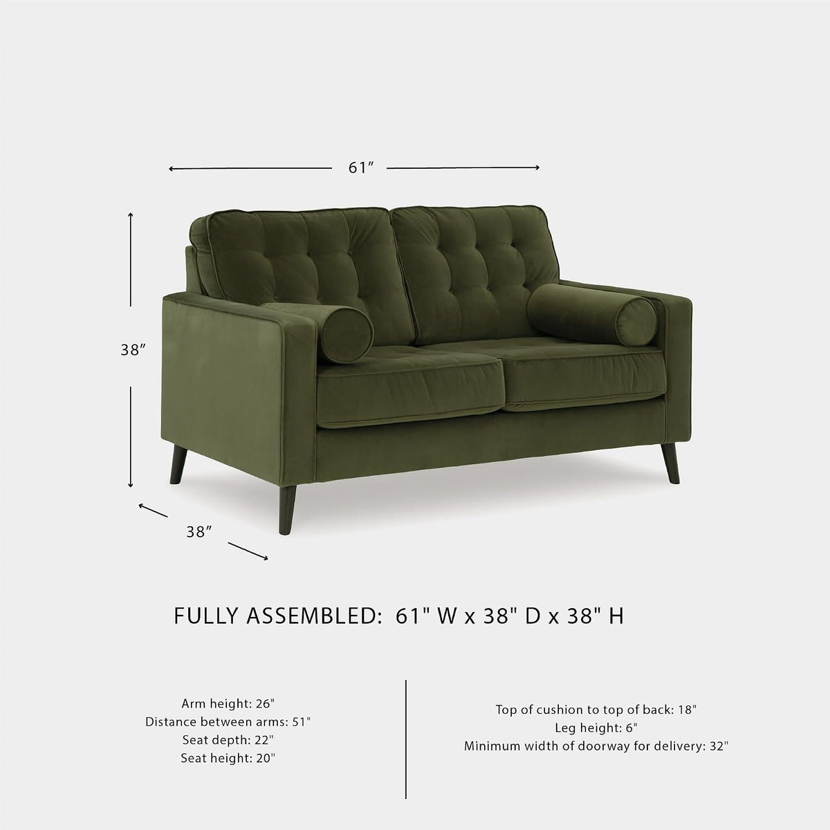 Signature Design by Ashley Loveseat, Olive Green Velvet, Reveon Lakes | Small loveseat for condo spaces, Olive green velvet upholstery, Anti-sag platform foundation, No assembly required