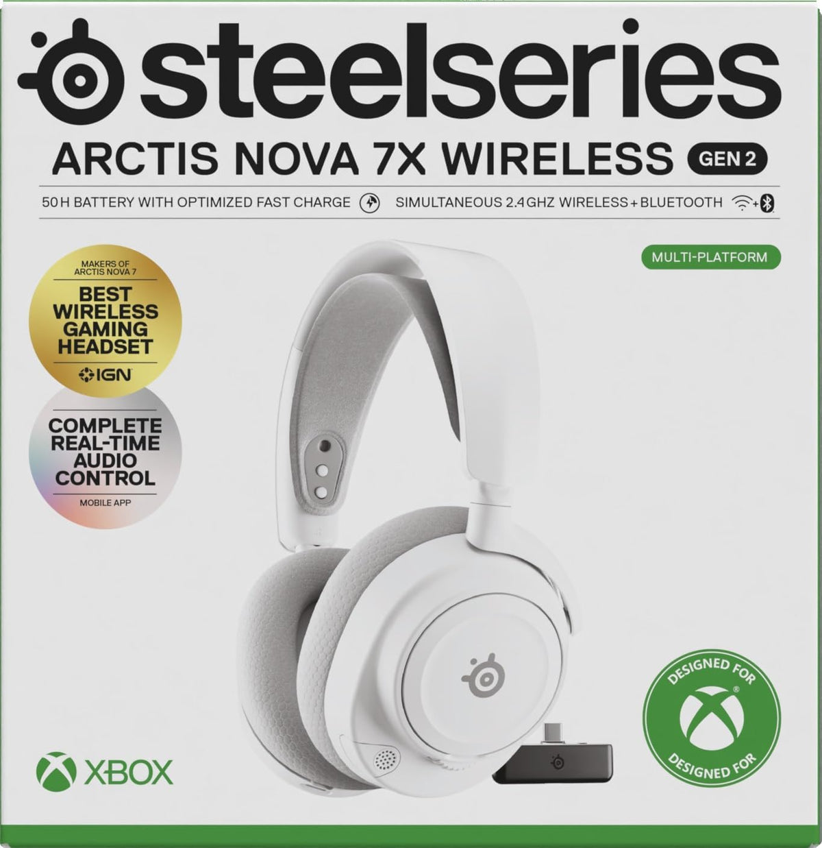 SteelSeries Arctis Nova 7X Wireless Gen 2 - Xbox Headset - Gaming Headset - Mobile App Control - 50+ HR with Fast Charge - Compatible with Xbox PC, Switch & More - Mixable 2.4GHz/Bluetooth - White