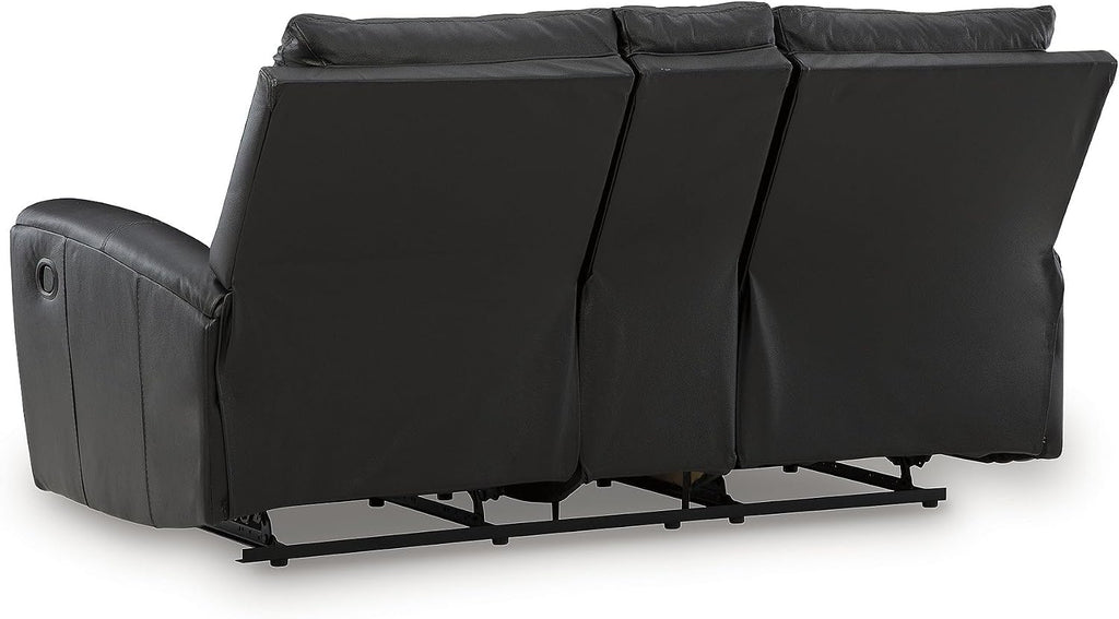 Signature Design by Ashley Leather Reclining Loveseat with Console, Black | Combination of leather and faux leather, Dual manual pull-tabs, Integrated center storage, Glassmere Series