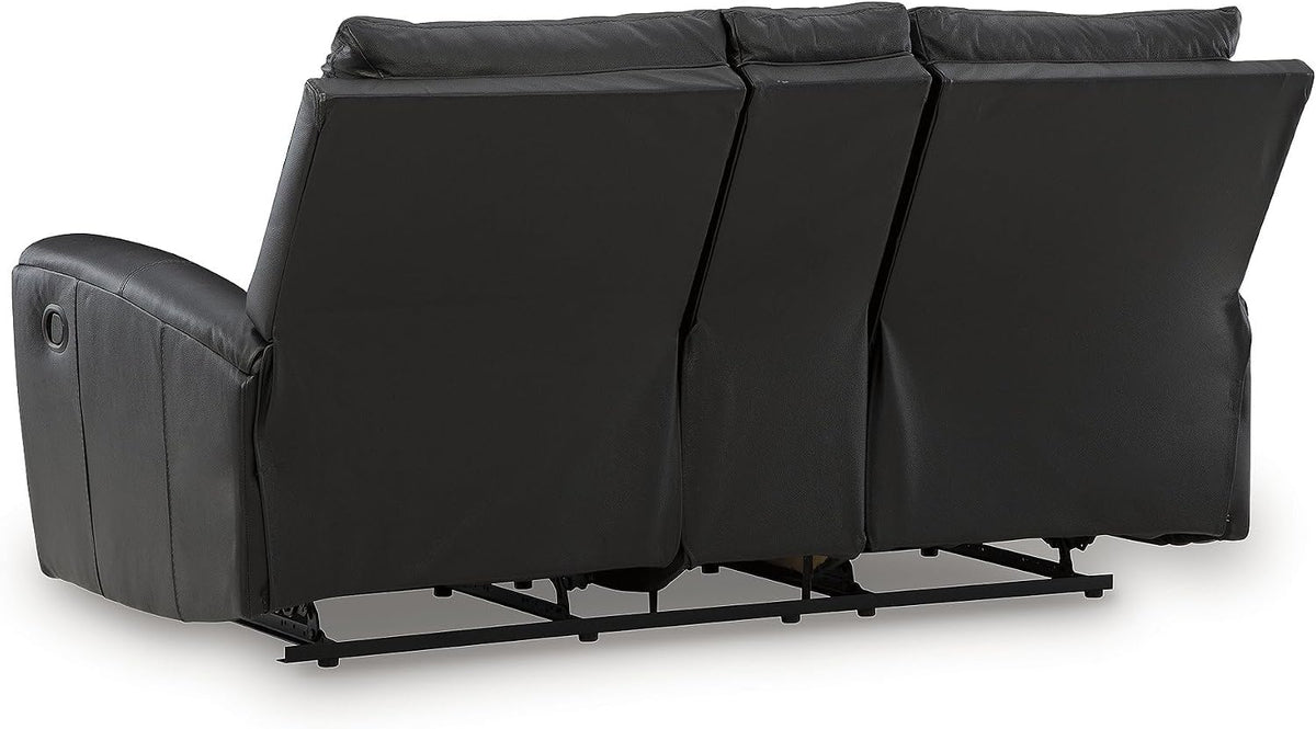 Signature Design by Ashley Leather Reclining Loveseat with Console, Black | Combination of leather and faux leather, Dual manual pull-tabs, Integrated center storage, Glassmere Series