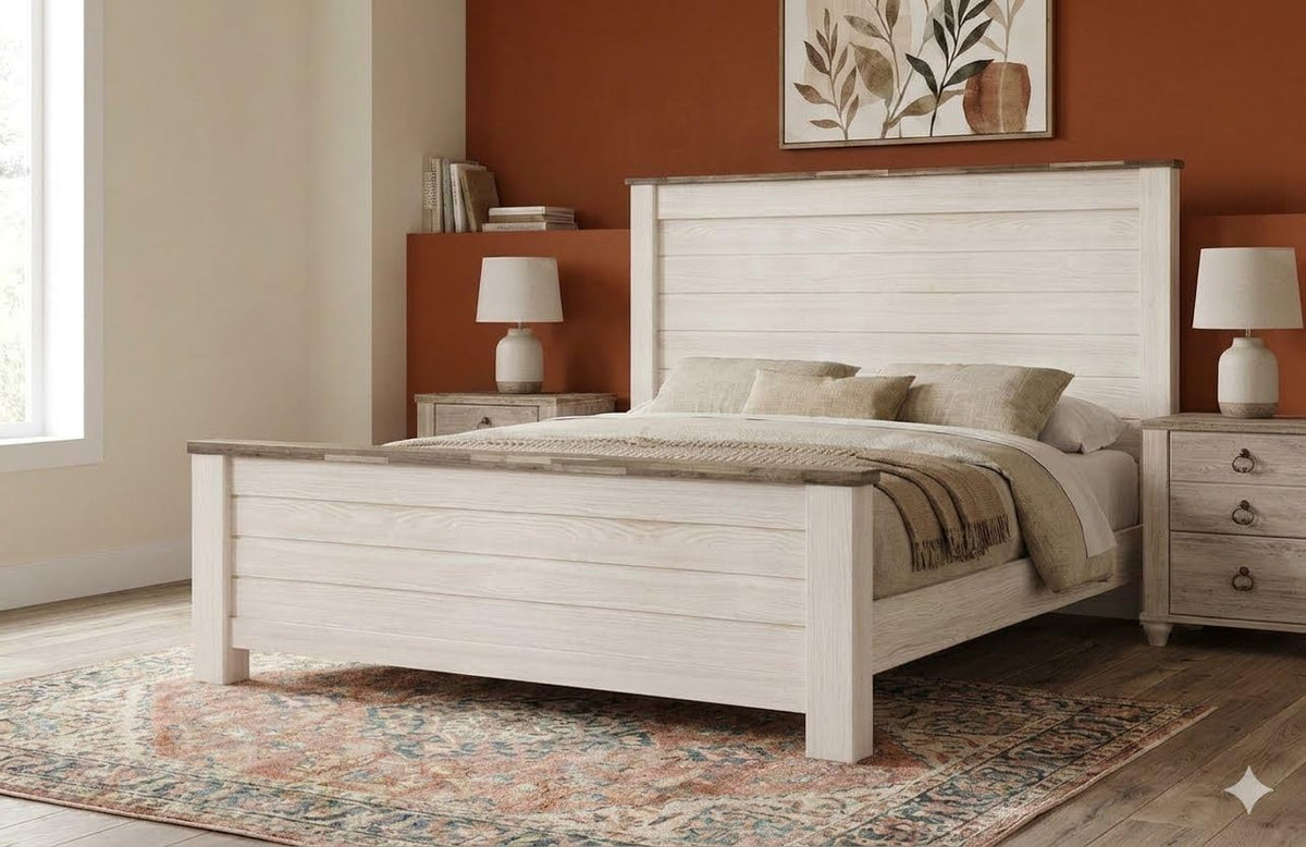 Signature Design by Ashley Willowton Queen Panel Bed Frame, Whitewash | Charming coastal shabby-chic aesthetic, Durable engineered wood construction, Complete headboard footboard and rails