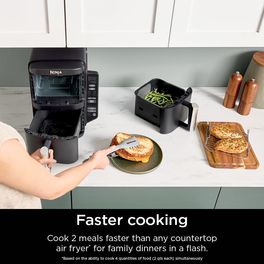 Ninja Air Fryer DoubleStack, 8 Qt, 6-in-1, Black, SL201 | Air fry, broil, roast, bake, reheat, dehydrate, Cooks 4 foods at once, Smart Finish, Match Cook