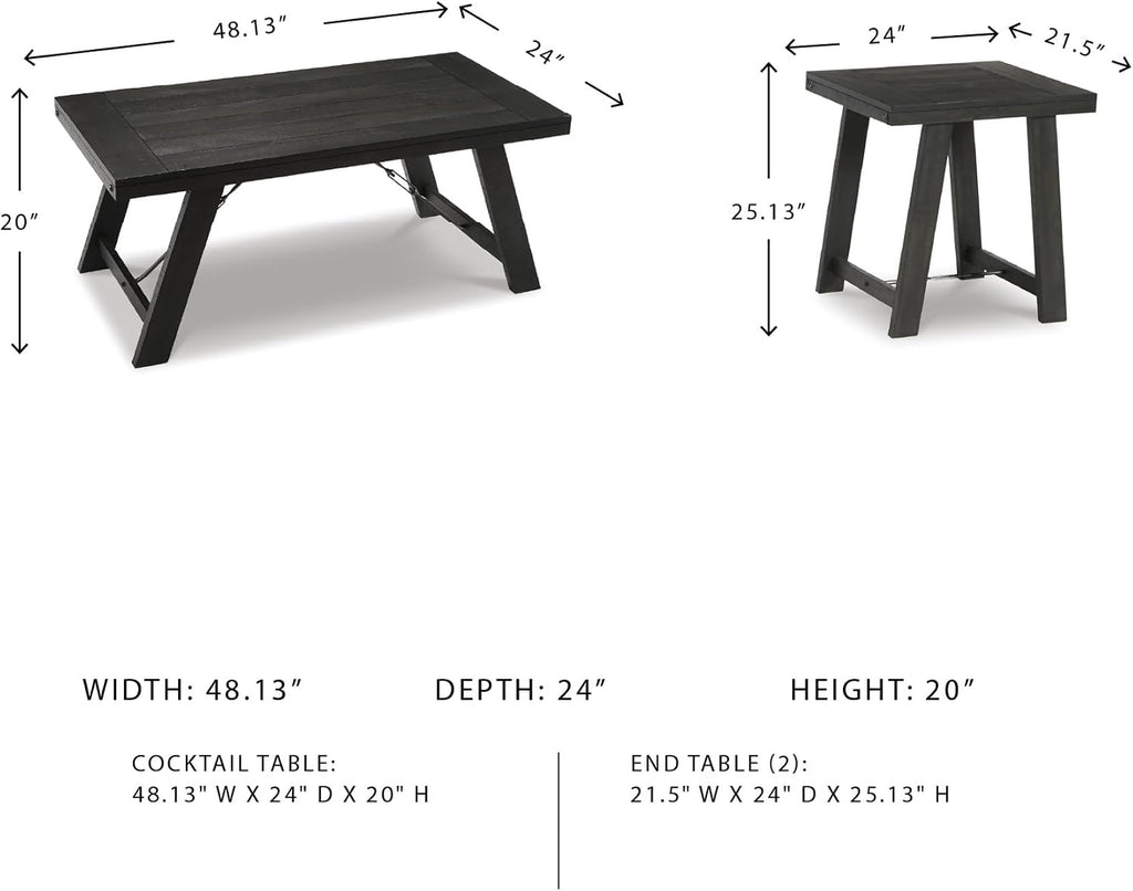 Signature Design by Ashley Farmhouse 3-Piece Table Set, Black Wash | Acacia veneers wood and engineered wood, Distressed black wash finish, Casual farmhouse style, Indoor use, Noorbrook Series