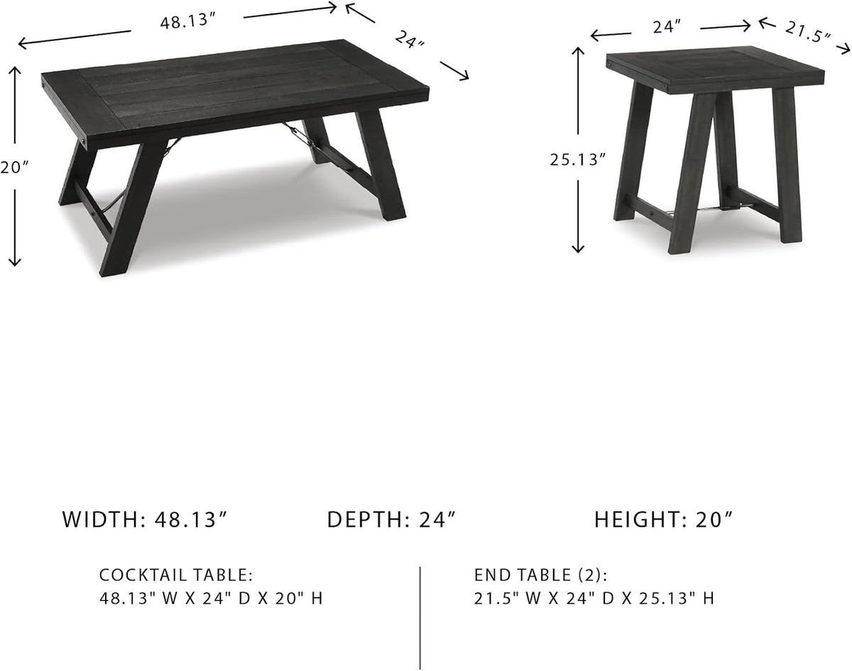 Signature Design by Ashley Farmhouse 3-Piece Table Set, Black Wash | Acacia veneers wood and engineered wood, Distressed black wash finish, Casual farmhouse style, Indoor use, Noorbrook Series