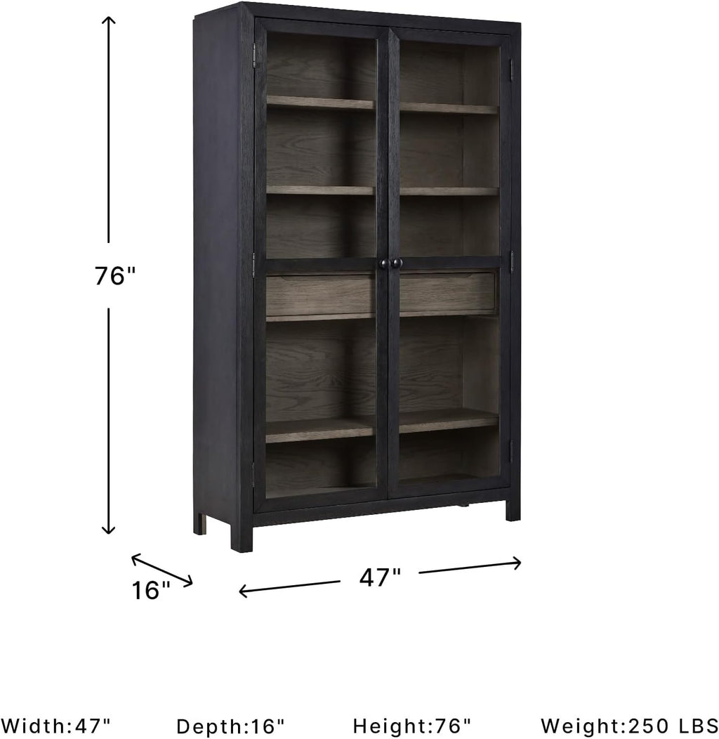 Signature Design by Ashley Lenston Black Accent Cabinet with Glass Doors | Tempered glass doors, 3 adjustable shelves, Wood oak veneer and engineered wood construction, 1 soft-close drawer