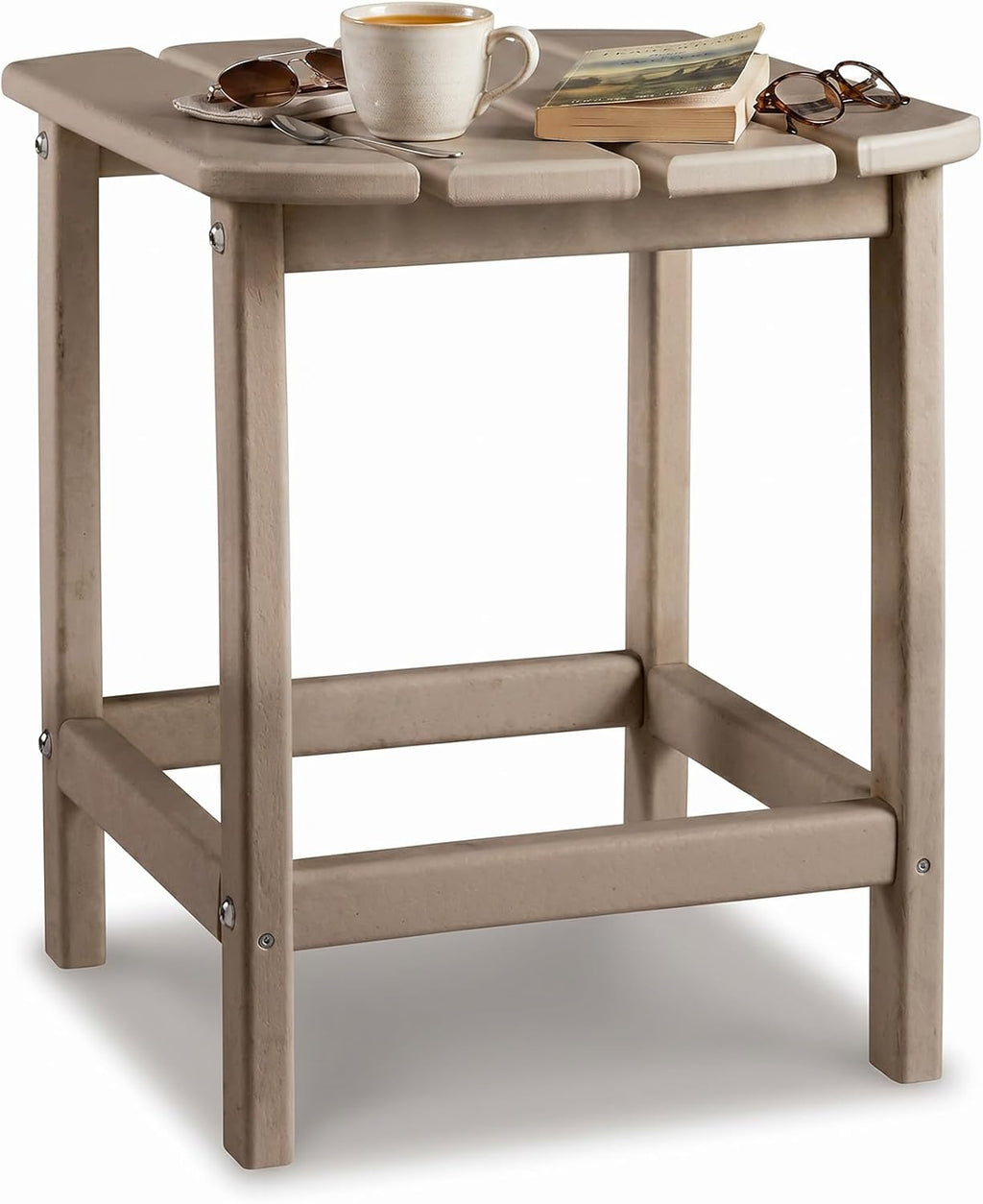 Signature Design by Ashley 1-Piece Outdoor Side Table, Driftwood | Durable weather resistant HDPE, Self-draining slatted top, Compact 15x19-inch footprint, Sundown Treasure Series