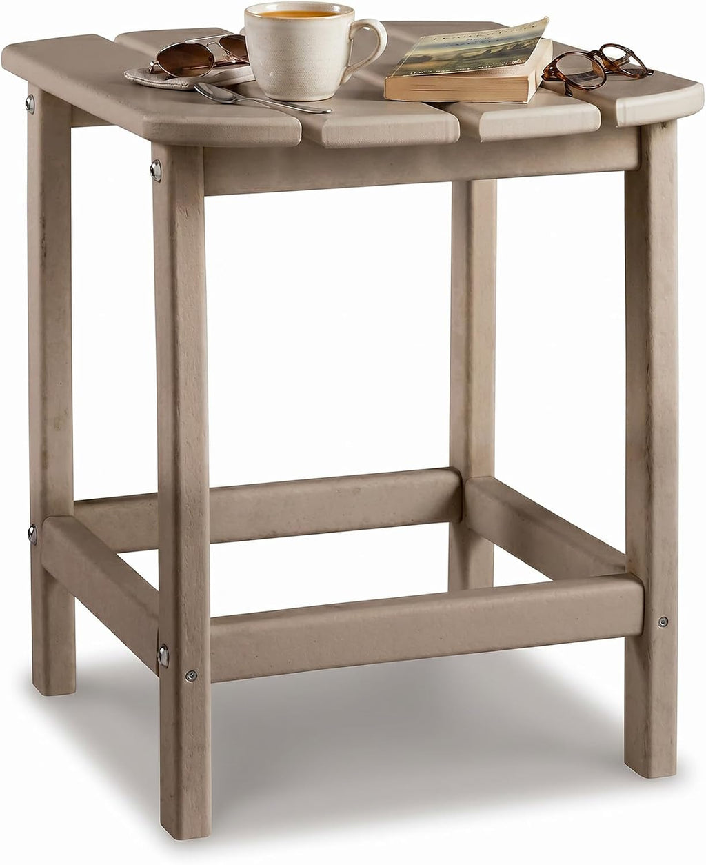 Signature Design by Ashley 1-Piece Outdoor Side Table, Driftwood | Durable weather resistant HDPE, Self-draining slatted top, Compact 15x19-inch footprint, Sundown Treasure Series