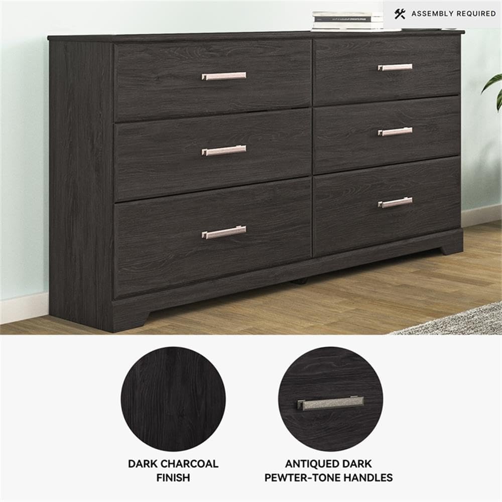 Signature Design by Ashley Belachime 6 Drawer Black Wood Bedroom Dresser | Spacious 60-inch frame for master suites, Antiqued pewter-tone handles, Deep 8.25-inch bottom drawers