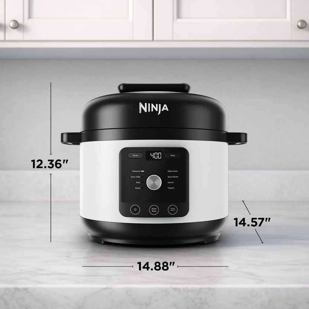 Ninja® HyperHeat™ 9-in-1 Pressure Cooker, 6.5-qt, White, PC201WH | Cooks 2X faster, Sear, Sauté, Slow Cook, Steam, Sous Vide & Yogurt, 1200W, PFAS-free, removable SimpliServe™ pot for serving