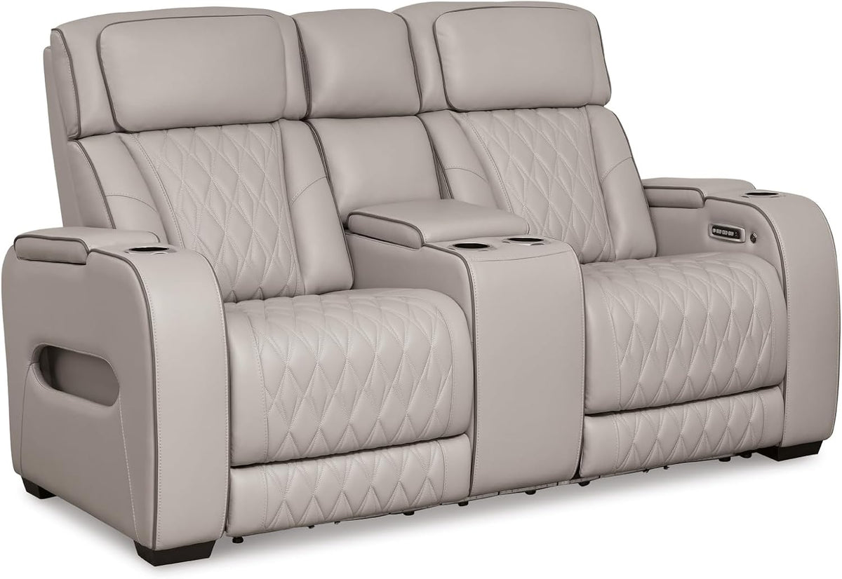 Signature Design by Ashley Power Reclining Loveseat with Console, Gray | Heated air massage seats, Top grain leather faux leather combination, Zero gravity recline, Home theater seating, Boyington