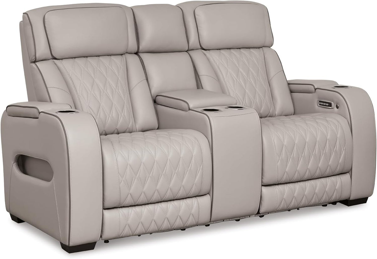Signature Design by Ashley Power Reclining Loveseat with Console, Gray | Heated air massage seats, Top grain leather faux leather combination, Zero gravity recline, Home theater seating, Boyington