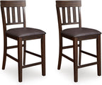 Signature Design by Ashley Haddigan Counter Height Bar Stool, Set of 2 | Easy-clean faux leather cushioned seat, Casual farmhouse wood slat back design, 25.6-inch seat height for kitchen islands