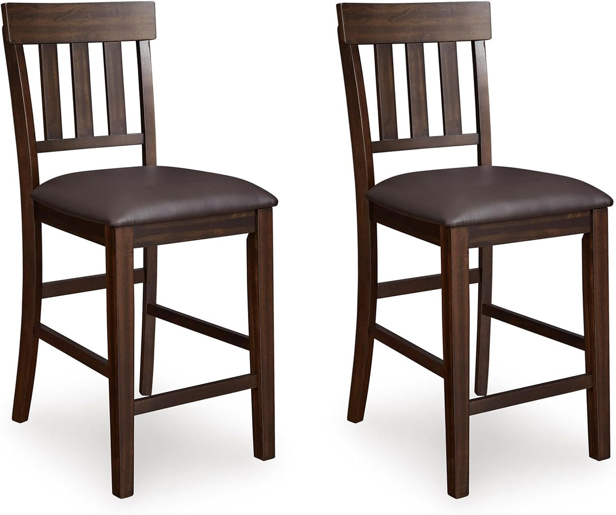 Signature Design by Ashley Haddigan Counter Height Bar Stool, Set of 2 | Easy-clean faux leather cushioned seat, Casual farmhouse wood slat back design, 25.6-inch seat height for kitchen islands