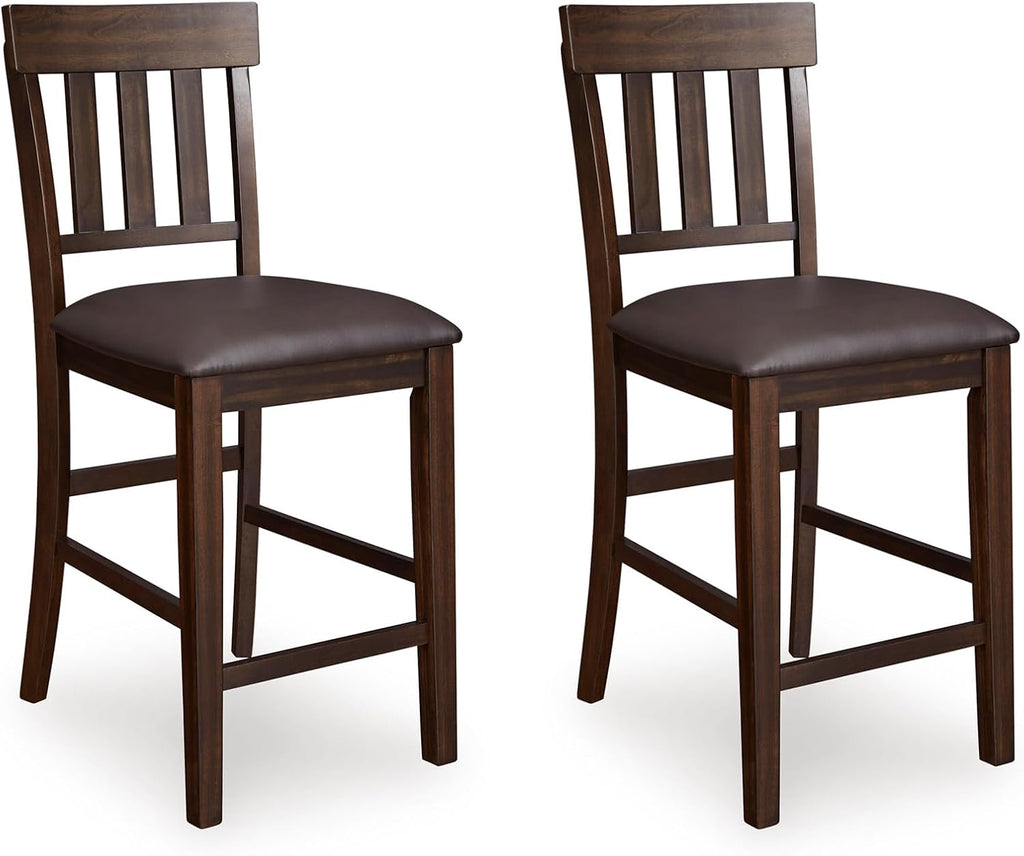 Signature Design by Ashley Haddigan Counter Height Bar Stool, Set of 2 | Easy-clean faux leather cushioned seat, Casual farmhouse wood slat back design, 25.6-inch seat height for kitchen islands