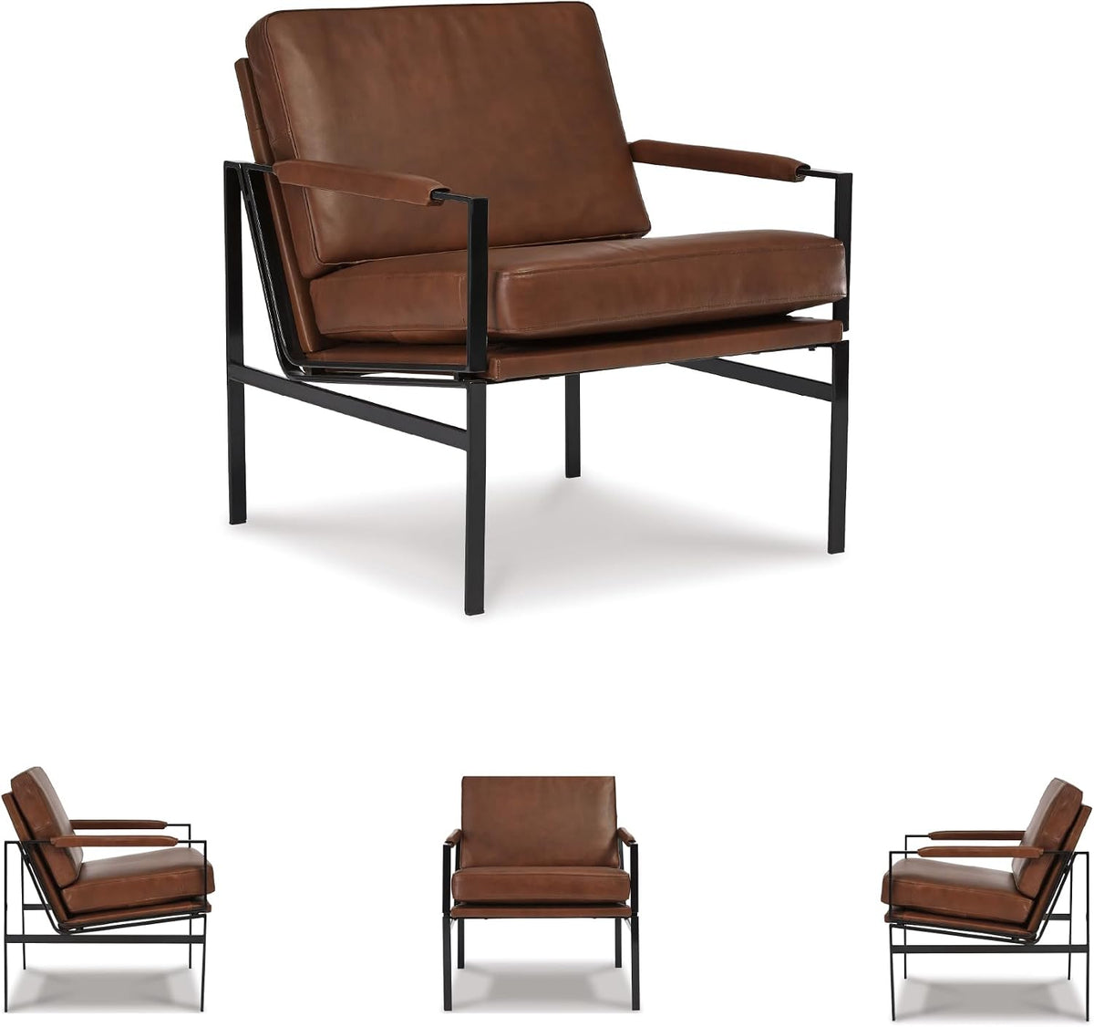 Signature Design by Ashley Puckman Accent Chair, Brown Leather Armchair | Leather and faux leather blend, Bronze-tone metal frame, 26-in wide seat, Upholstered track arms, Living room use