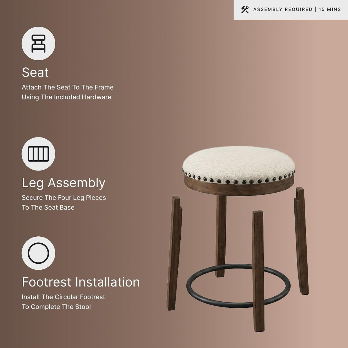 Signature Design by Ashley Valebeck Swivel Counter Height Bar Stool, 24 in | Backless cushioned seat, 360-degree swivel, Dark brown wood & black metal base, Kitchen island seating, Rustic style
