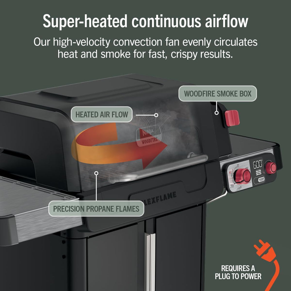Ninja FlexFlame Grill & Smoker, Electric & Propane, 5-in-1, Black,PG301BK | Ninja FlexFlame is a 5-in-1 grill, smoker & griddle with precise 200-600°F control, fitting 3 chickens or 4 rib racks