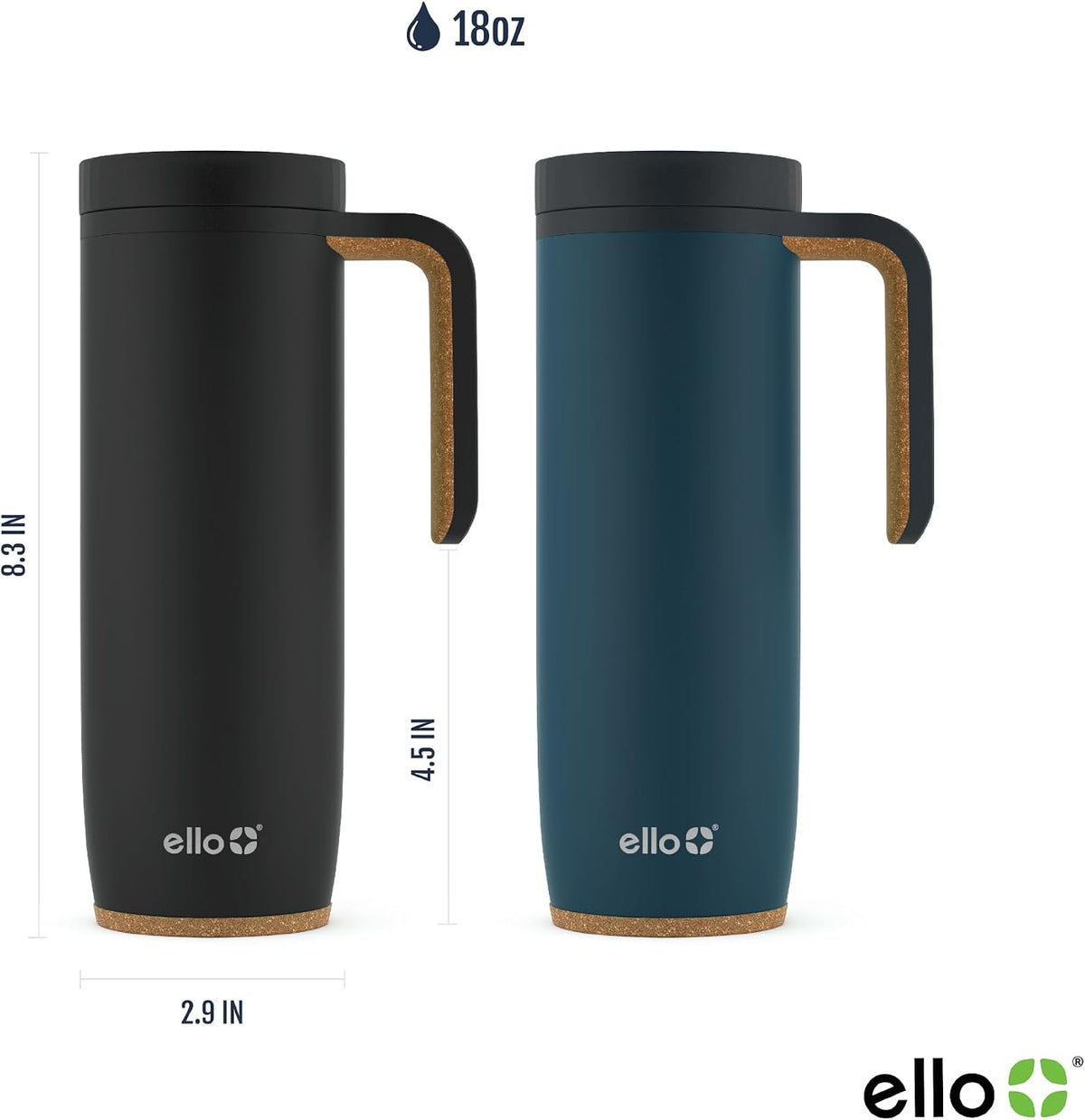 Ello Magnet 18oz Insulated Stainless Steel Travel Mug with Handle, Poseidon