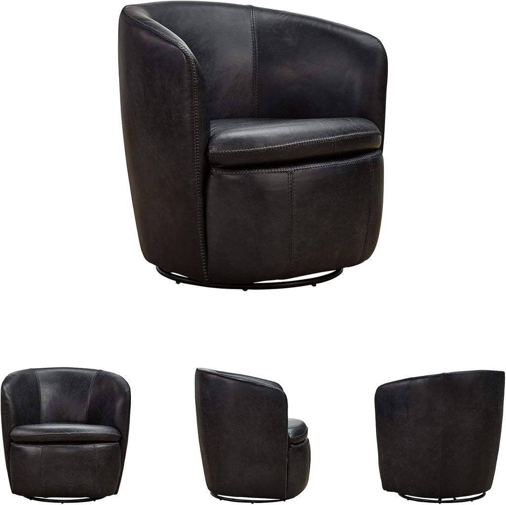 Signature Design by Ashley Leather Swivel Accent Chair, Midnight | 100% top grain leather, Swivel barrel chair, No assembly required, Sloped arms, Sturdy metal frame, Kierreys Series