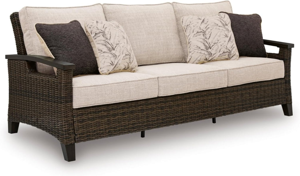 Signature Design by Ashley Drakes Beach 3-Seat Outdoor Sofa, Brown Wicker | Sturdy aluminum frame, Woven-look dark brown resin wicker, Bleach cleanable Nuvella fabric, 4 throw pillows included