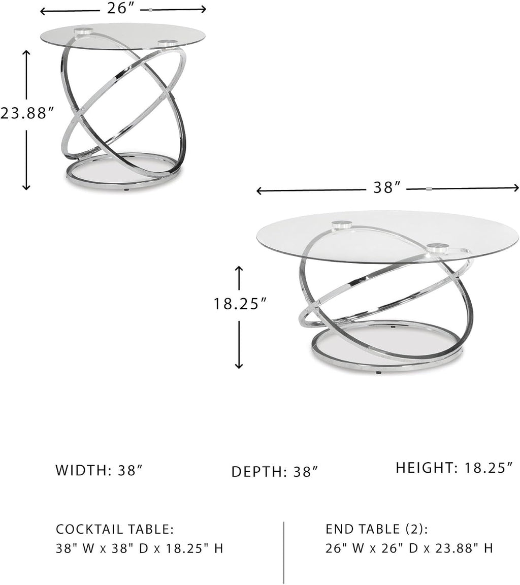 Signature Design by Ashley Hollynyx Round Glass Coffee Table Set of 3 | Tempered glass and chrome frames, Includes 38-in round coffee table and 2 26-in end tables, Adjustable levelers