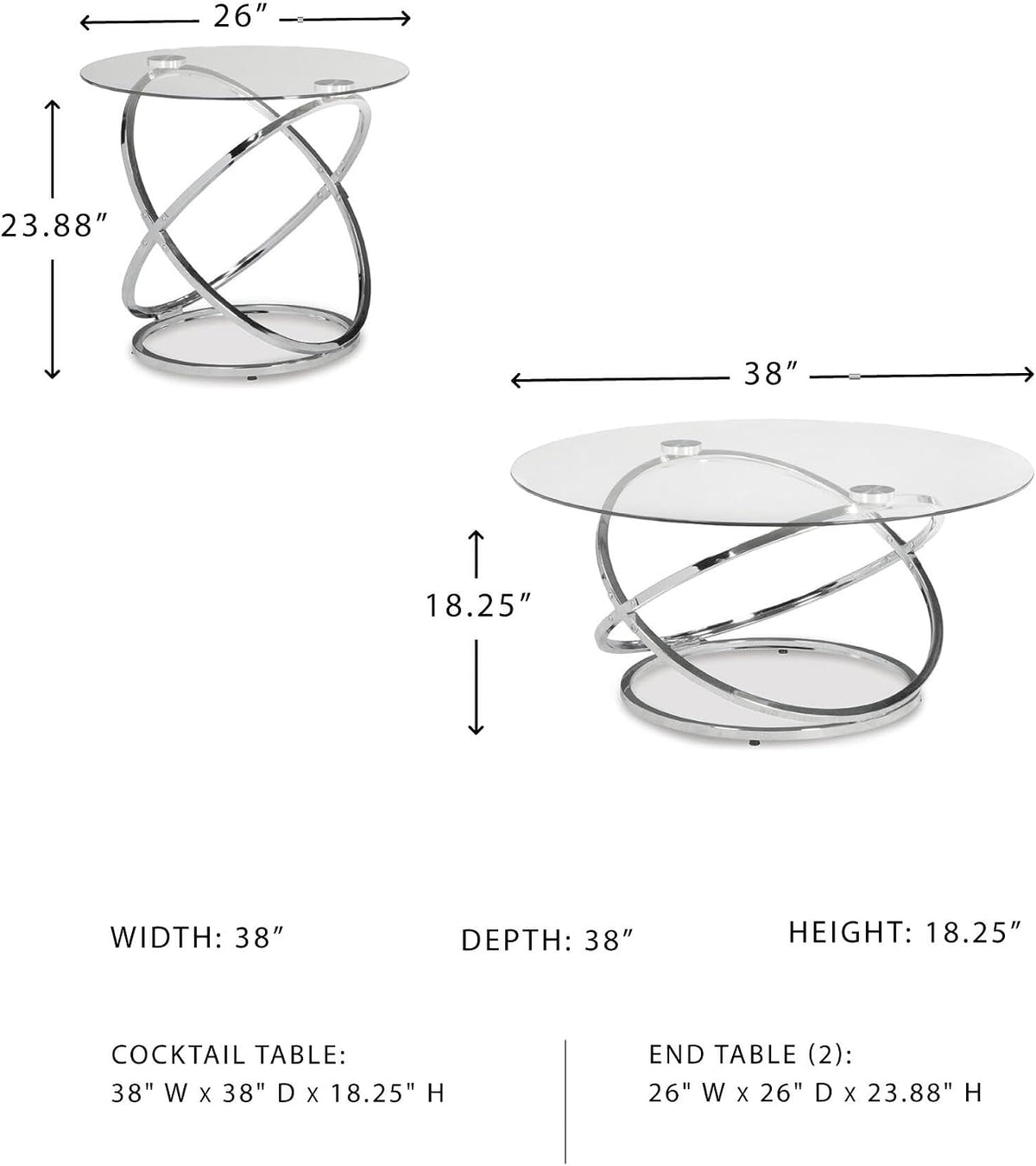 Signature Design by Ashley Hollynyx Round Glass Coffee Table Set of 3 | Tempered glass and chrome frames, Includes 38-in round coffee table and 2 26-in end tables, Adjustable levelers