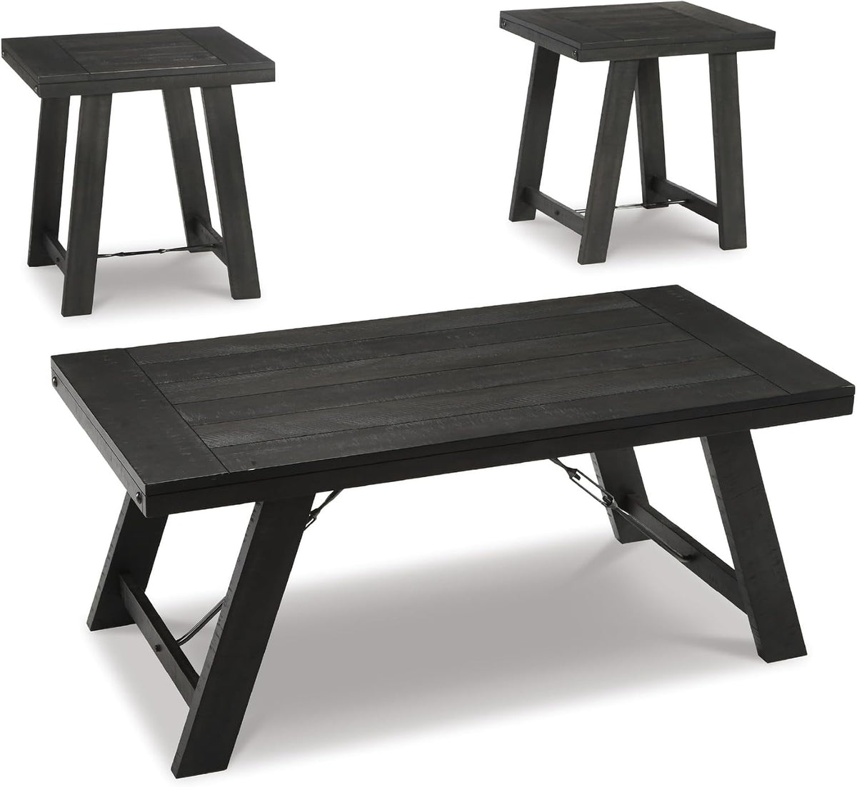 Signature Design by Ashley Farmhouse 3-Piece Table Set, Black Wash | Acacia veneers wood and engineered wood, Distressed black wash finish, Casual farmhouse style, Indoor use, Noorbrook Series