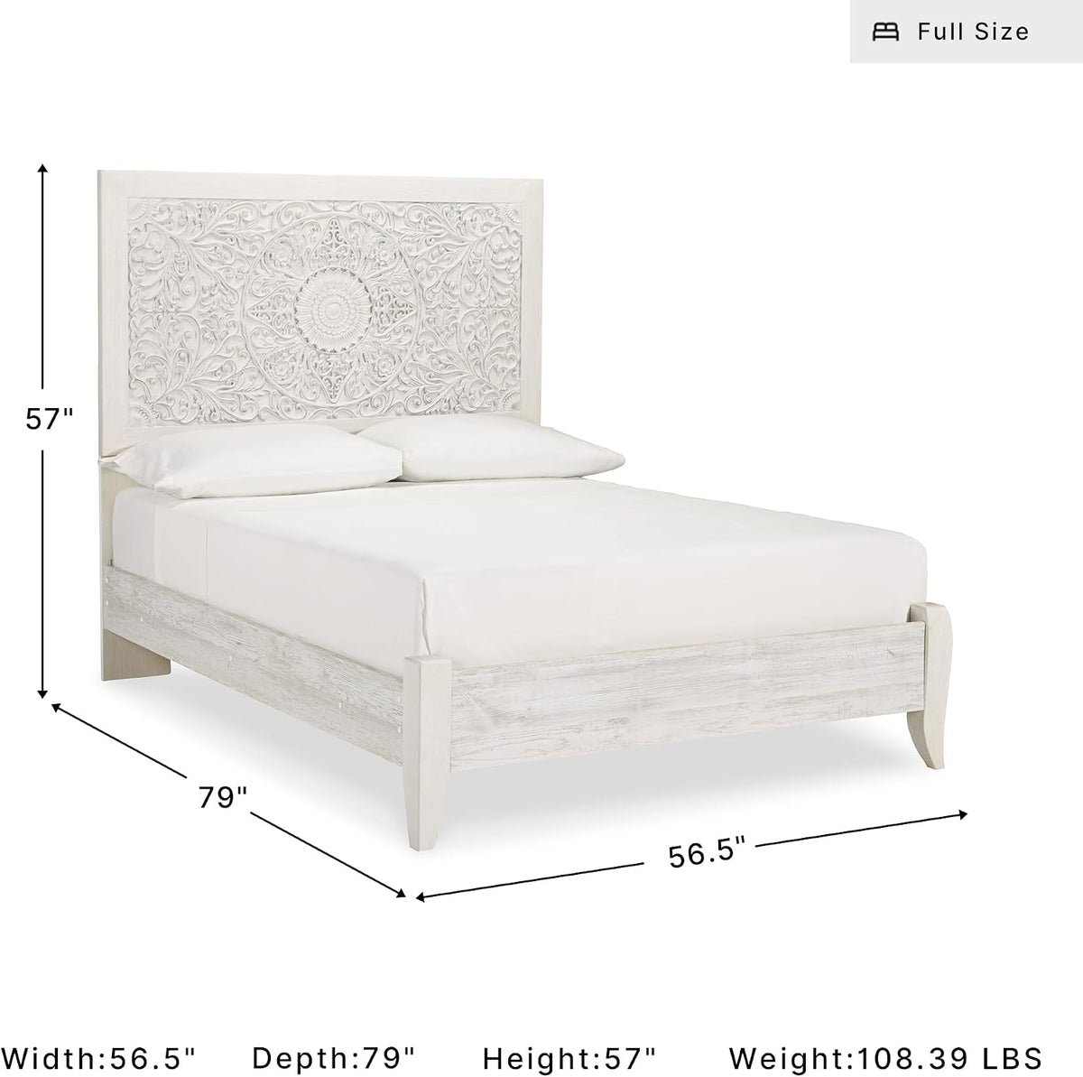 Signature Design by Ashley Panel Bed Frame, White Full Size, Paxberry | Boho carved floral medallion, Adjustable height headboard, Durable engineered wood, Standard full size mattress fit
