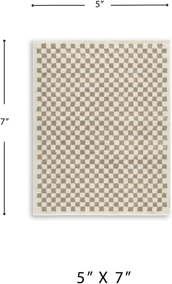 Signature Design by Ashley Checkered Shag Area Rug, Taupe/Ivory, 5x7 | 100% polypropylene 30 mm high pile, Soft plush texture for bedrooms and lounge areas, Karamen Series