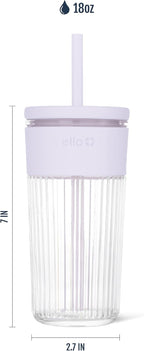 Ello Ava 18oz Glass Tumbler with Straw and Lid for Iced Coffee, Sugarplum
