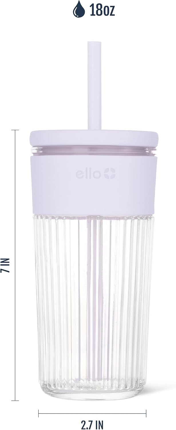 Ello Ava 18oz Glass Tumbler with Straw and Lid for Iced Coffee, Sugarplum