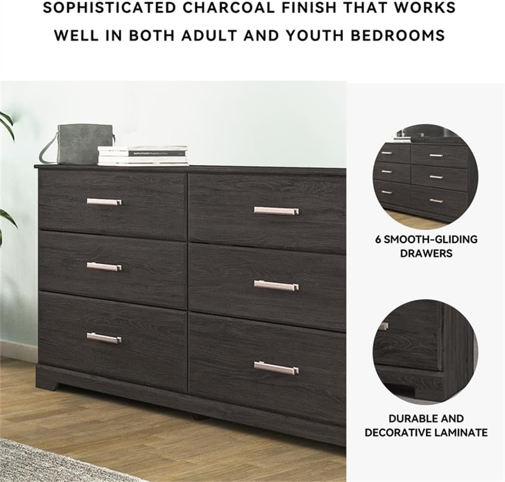 Signature Design by Ashley Belachime 6 Drawer Black Wood Bedroom Dresser | Spacious 60-inch frame for master suites, Antiqued pewter-tone handles, Deep 8.25-inch bottom drawers