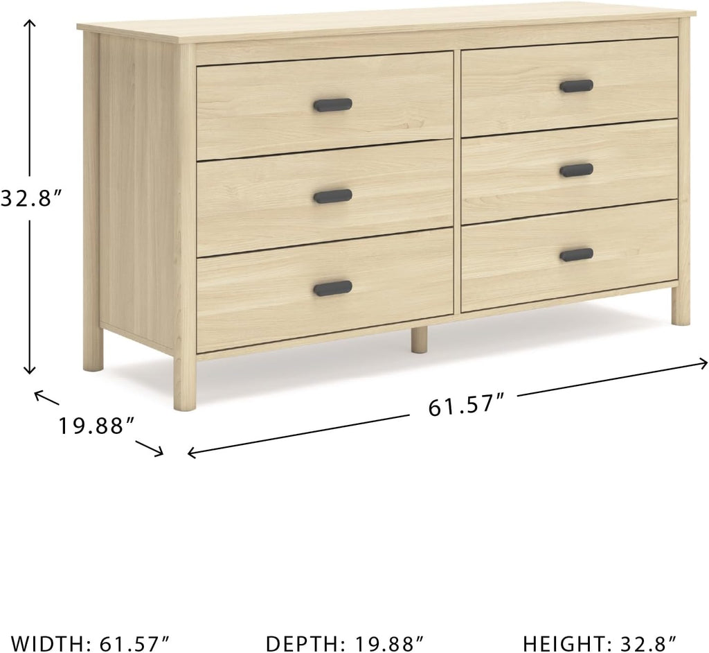 Signature Design by Ashley Cabinella 6 Drawer Bedroom Dresser, Natural Ash | 62-inch wide storage, Engineered wood (MDF/particleboard/plywood) and decorative laminate, Casual tan finish