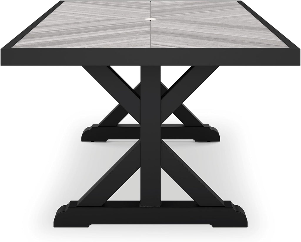 Signature Design by Ashley Beachcroft Outdoor Dining Table, Rust-Resistant Farmhouse Design with Porcelain Tabletop and Umbrella Hole, for Patio Entertaining, Black/Light Gray, 84-Inch