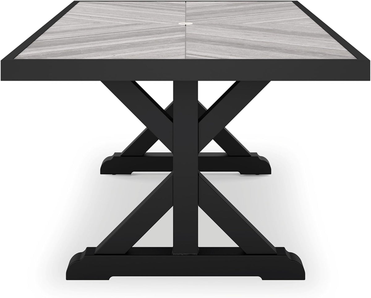Signature Design by Ashley Beachcroft Outdoor Dining Table, Rust-Resistant Farmhouse Design with Porcelain Tabletop and Umbrella Hole, for Patio Entertaining, Black/Light Gray, 84-Inch