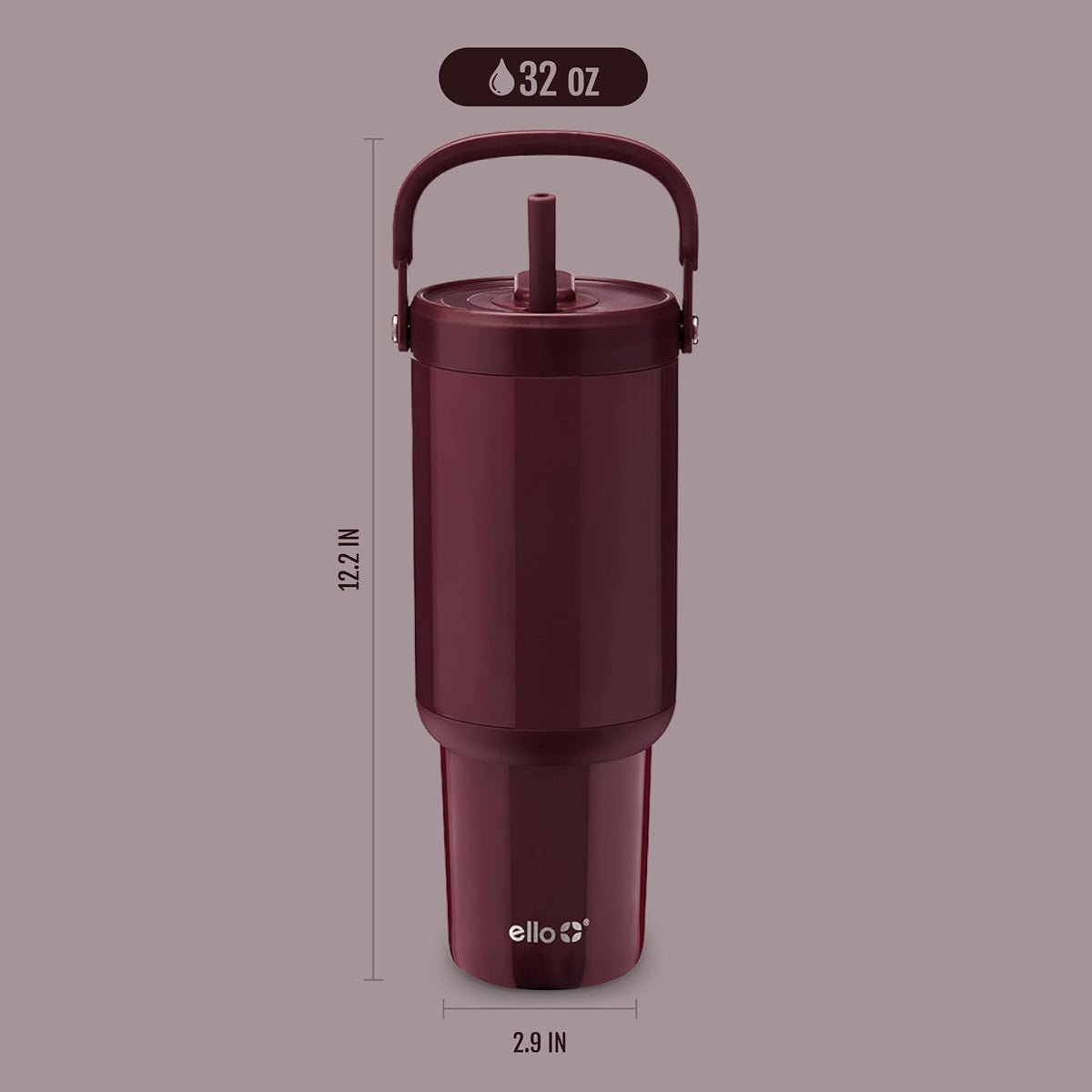 Ello Oasis Go+ 32oz Tumbler with Top Handle and Retracting Straw | Reusable Insulated Stainless Steel Cup, 100% Leakproof Water Bottle, 24 Hours Cold, Cup Holder Friendly For Travel | Red Velvet