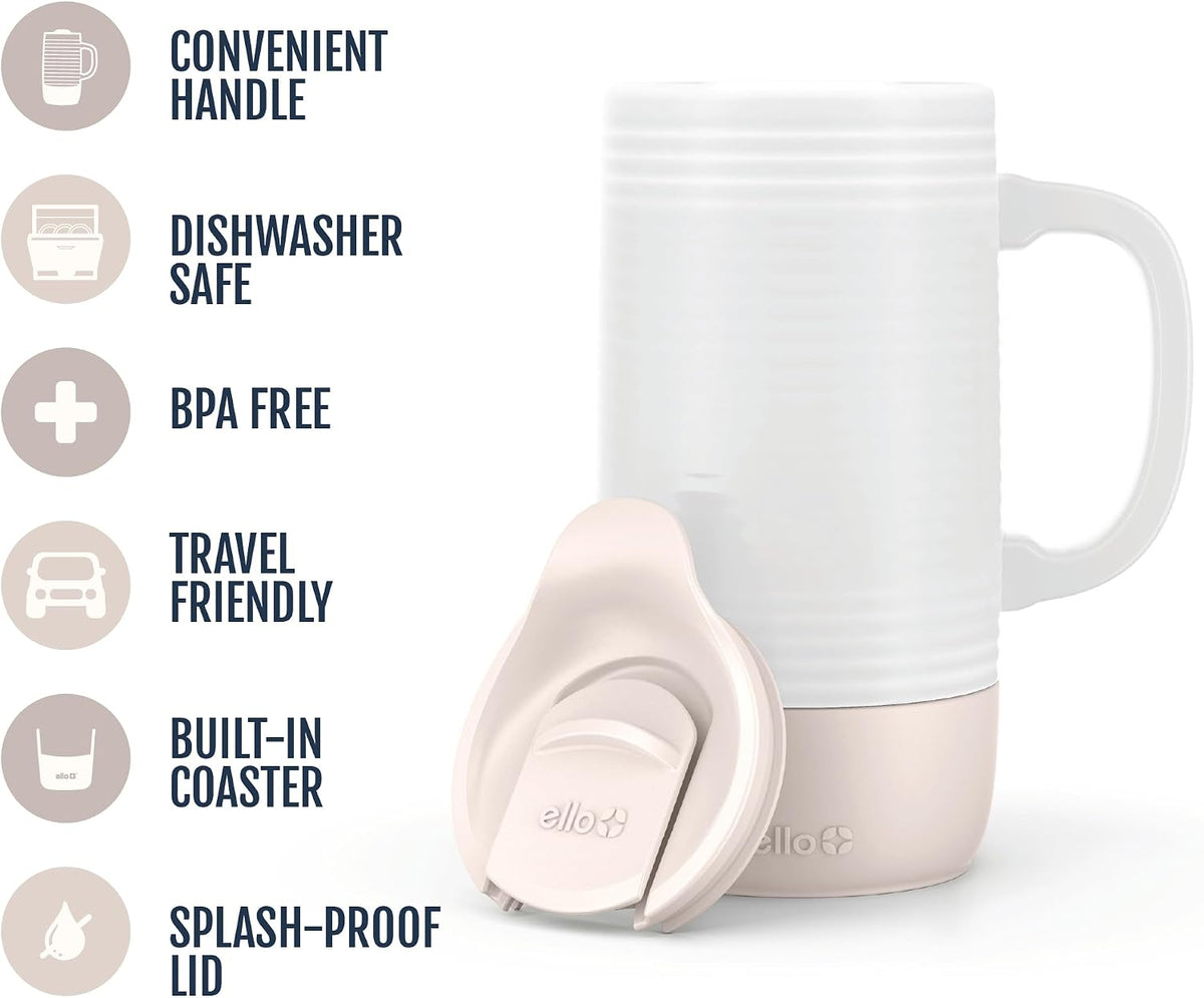 Ello Jane 18oz Ceramic Travel Mug with Handle and Built-In Coaster, Sandbar