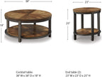 Signature Design by Ashley Roybeck 3-Piece Wood Coffee and End Table Set | Round tables with fixed lower shelves, Dark bronze-tone frame, Veneers, wood and engineered wood, Natural acacia finish