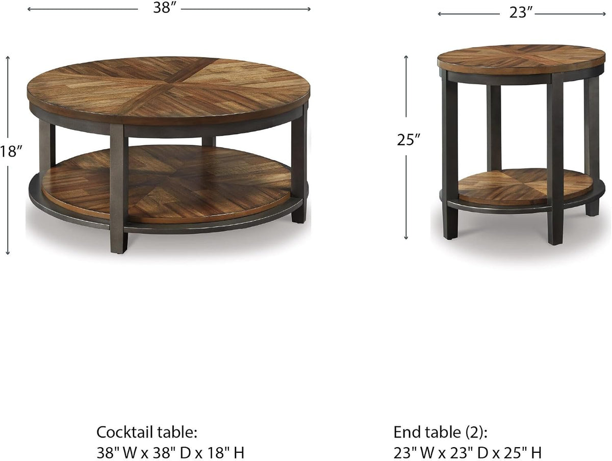 Signature Design by Ashley Roybeck 3-Piece Wood Coffee and End Table Set | Round tables with fixed lower shelves, Dark bronze-tone frame, Veneers, wood and engineered wood, Natural acacia finish